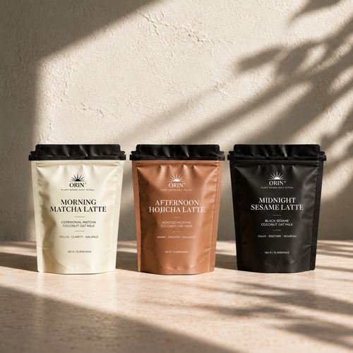ORIN Morning Matcha, Afternoon Hojicha and Midnight Sesame plant-based latte powder pouches