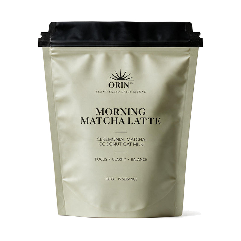 A stand-up pouch of ORIN Morning Matcha Latte ceremonial matcha coconut oat milk, shown on a clean white background.