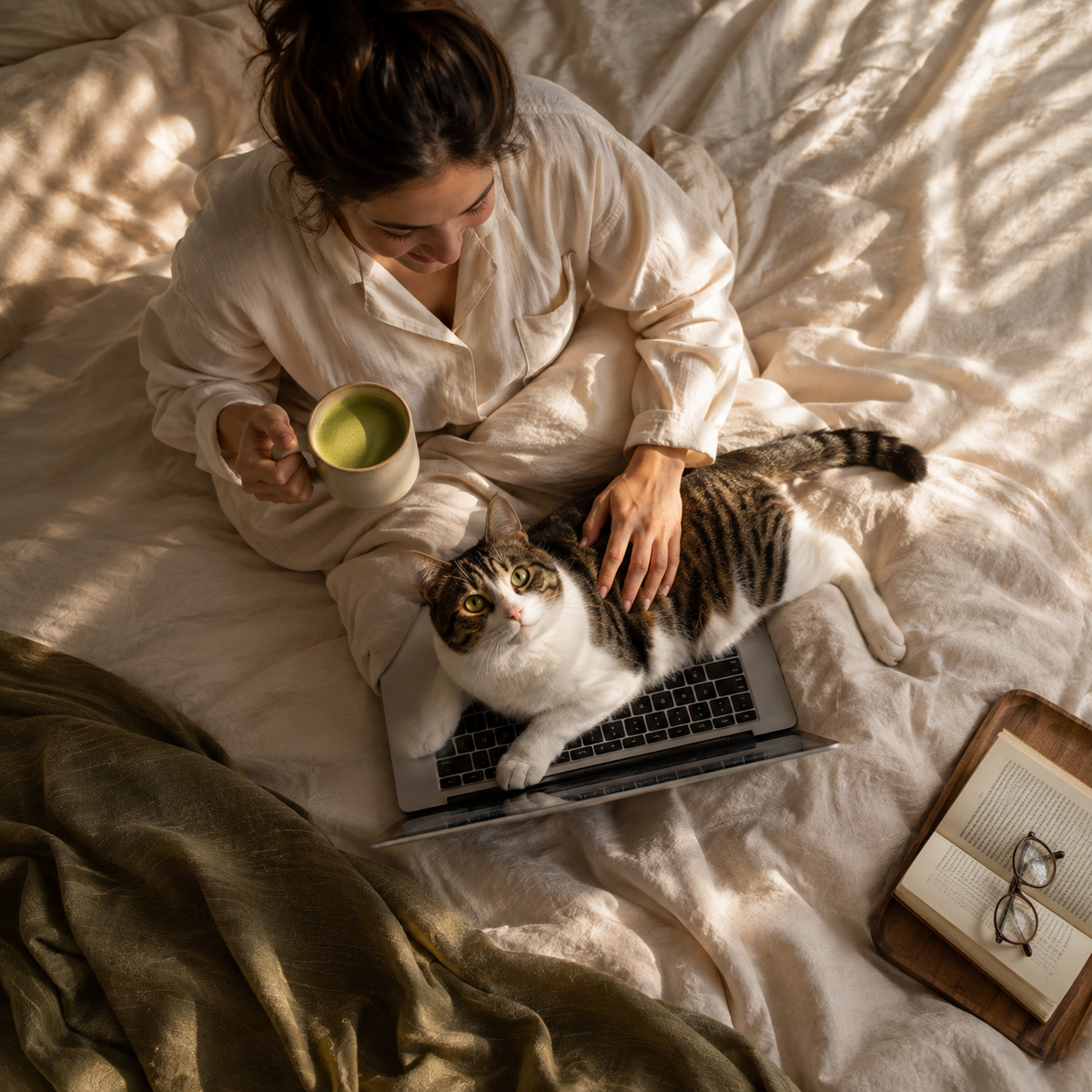 Woman enjoying ORIN Morning Matcha in bed with a cat, a calm morning ritual