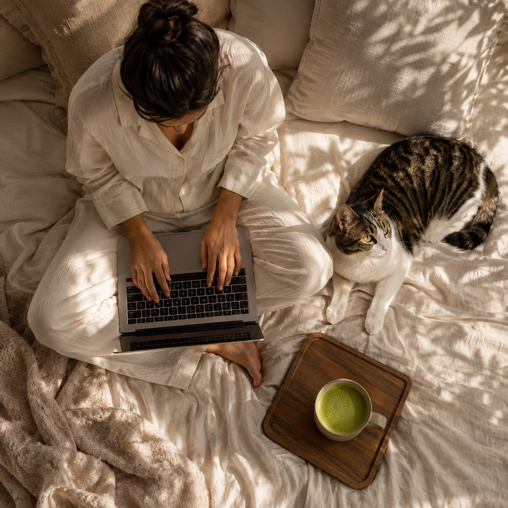 Woman enjoying ORIN Morning Matcha in bed with a cat, a calm morning ritual