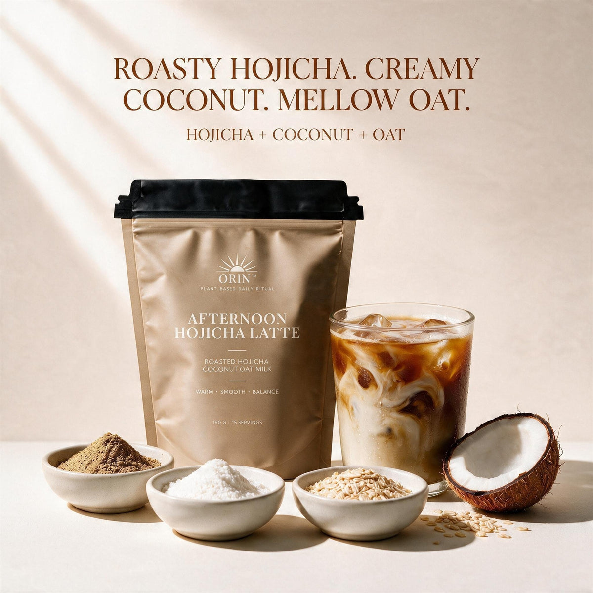 ORIN Afternoon Hojicha latte pouch with iced hojicha, coconut and oat ingredients in a warm café-style setting