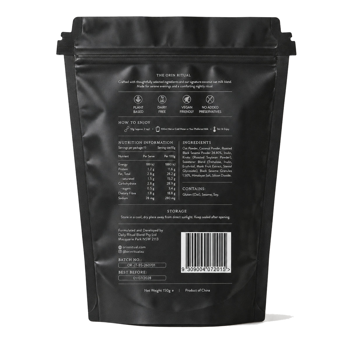 Back of the ORIN Midnight Sesame Latte pouch showing product details, nutrition information and barcode.