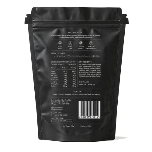 Back of the ORIN Midnight Sesame Latte pouch showing product details, nutrition information and barcode.